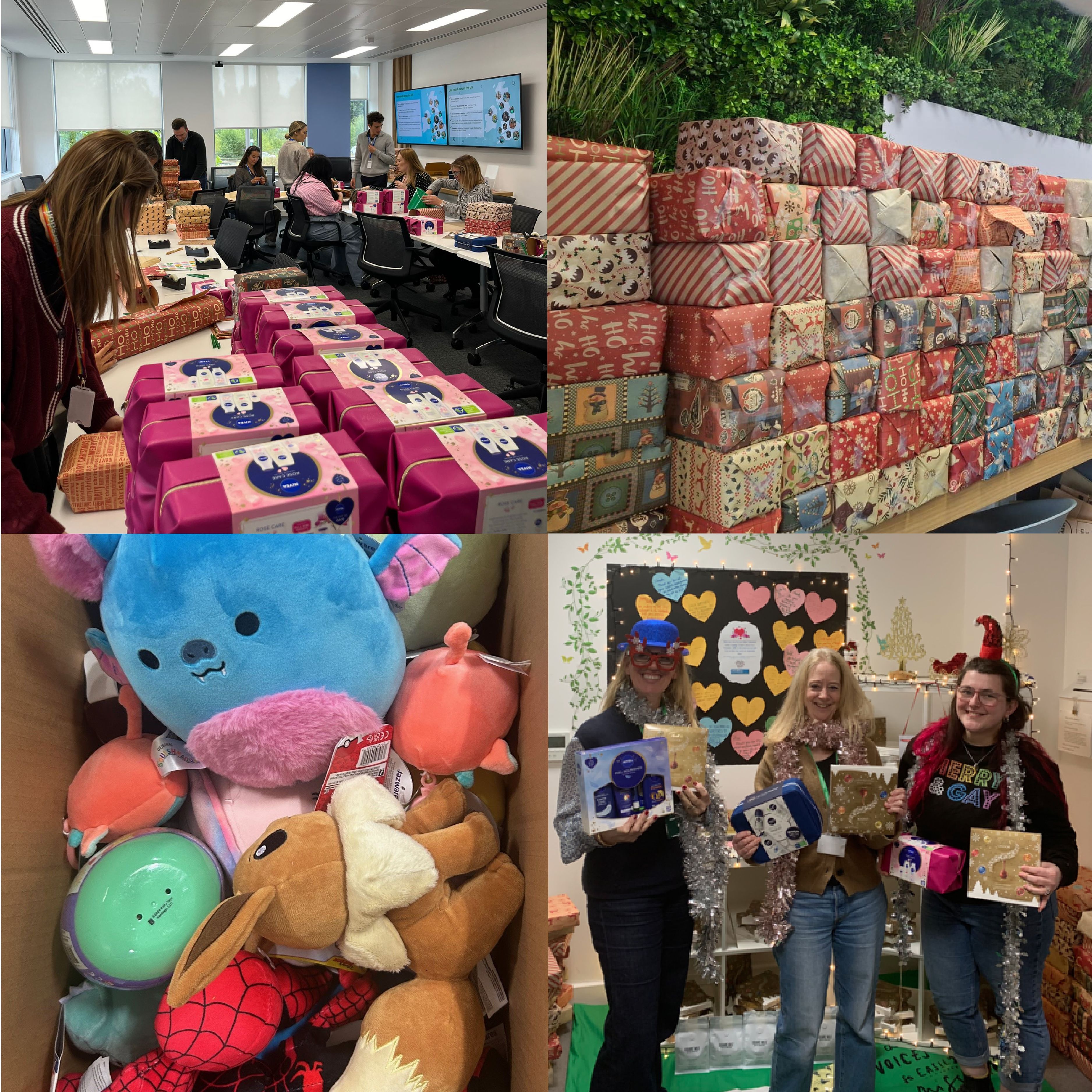 A collage of images, with volunteers packaging gift boxes, Christmas gift wrapped boxes, a box of toys, and Christmas dressed volunteers holding gifts